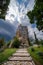 Katskhi pillar. Georgian landmarks. Man`s monastery near the village of Katskhi. The orthodox church and the abbot cell on a rock