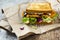 Katsu Sando - food trend japanese sandwich with chicken cutlet, cabbage and tonkatsu sauce. Japanese cuisine