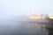 Kaunas, Lithuania 11-04-2022 Amazing church in fog. Vytautas church in Kaunas city Nemunas river. Big autumn morning, mystic fogy