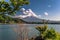 Kawaguchiko - May 24, 2019: Mount Fuji seem from lake Kawaguchi, Japan