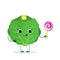 Kawai cute cabbage vegetable cartoon character in a crown with a lollipop. Logo, template, design. Vector illustration