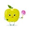 Kawai cute green apple fruit cartoon character in a crown with a lollipop. Logo, template, design. Vector illustration, flat style