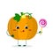 Kawai cute pumpkin vegetable cartoon character in a crown with a lollipop. Logo, template, design. Vector illustration, flat style