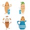 Kawaii almond milk concept for kids healthy drink dairy alternative concept. Illustration of cute nut cartoon characters drinking