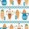 Kawaii almond milk vector seamless pattern background. Cute muscle flexing and juggling nut cartoons with drinking