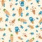 Kawaii almond milk vector seamless pattern background. Cute muscle flexing and juggling nut characters with drinks