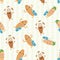 Kawaii almond milk vector seamless pattern background. Cute muscle flexing and juggling nut characters with drinks glasses on