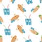 Kawaii almond milk vector seamless pattern background. Cute muscle flexing nut cartoon characters, drinking glasses on