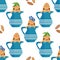 Kawaii almond milk vector seamless pattern background. Cute nut cartoon characters peeking out of striped jugs on white