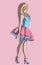 Kawaii anime ballerina wearing high heels and a pink tutu. Manga blonde girl with a blue dress