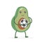 Kawaii avocado plays football. Food. Green fruit stands, holds a soccer ball in his hands. Sports goalkeeper. White