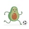 Kawaii avocado plays football. Green fruit runs, kicks a soccer ball. Food. Sport. White background. Vector illustration