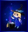 Kawaii baby girl witch with broomstick and cauldron on sparkling blue background