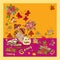 Kawaii birds, jug, teapot and teacups, butterflies and bunchs of flowers on bright orange and lilac background. Hot stand, napkin