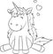 Kawaii black and white illustration of a unicorn, with hearts, contour, for children`s coloring book, or Valentine`s Day card