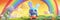 Kawaii blue bunny with clouds and rainbow