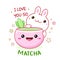 Kawaii bunny with matcha tea cup. Inscription I love you so matcha