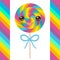 Kawaii candy lollipops with bow, colorful spiral candy cane with bright rainbow stripes. on stick with twisted design on white