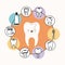 Kawaii caricature broken tooth dental care with crying expression with circular frame icons dental care on white