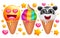 Kawaii cartoon charaters icecream collection. Cute panda bear, unicorn poop, yellow emoji smile