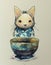 kawaii cat with an empty pot, illustrated cat, ai generated image