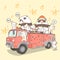 Kawaii cats and panda fire fighter on fire truck in cartoon style