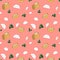 Kawaii Chinese dumpling seamless pattern on pink colored background. Cartoon hand drawn background. boiled dumplings,sticky rice d