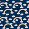 Kawaii clouds, rainbow. Seamless pattern Limited Color Palette Coral Gray yellow on Navy blue background. Can be used for Gift
