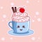 Kawaii coffee with icecream. Cute cafe drinks. Vector coffee cups with happy face.