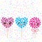 Kawaii colorful Set candy lollipops with bow, spiral candy cane. Candy on stick with twisted design with pink cheeks and winking