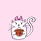 Kawaii, a contented white cat with a bow and a cup of coffee in his hands. Greeting card, drawing for your design. Hand drawn