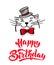 Kawaii, a contented white cat with a hat and bow tie. lettering happy birthday. Greeting card, drawing for your design. Hand drawn