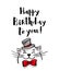 Kawaii, a contented white cat with a hat and bow tie. lettering happy birthday. Greeting card, drawing for your design. Hand drawn