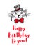 Kawaii, a contented white cat with a hat and bow tie. lettering happy birthday. Greeting card, drawing for your design. Hand drawn