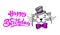 Kawaii, a contented white cat with a hat and bow tie. lettering happy birthday. Greeting card, drawing for your design. Hand drawn