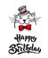 Kawaii, a contented white cat with a hat and bow tie. lettering happy birthday. Greeting card, drawing for your design. Hand drawn