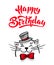 Kawaii, a contented white cat with a hat and bow tie. lettering happy birthday. Greeting card, drawing for your design. Hand drawn