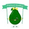 Kawaii cute avocado cartoon fruit character with a rose bow and earrings. Smiles and holds a premium quality poster. Logo,