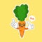 Kawaii and Cute carrot emoji character isolated on color background. Kawaii style fresh funny orange carrot and speach bubble