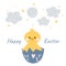 Kawaii cute chicken, duckling in eggshell with moon, stars and clouds. Happy Easter. Charming clipart for postcards