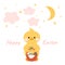 Kawaii cute chicken, duckling with moon, stars and clouds. Happy Easter. Charming clipart for postcards, prints, banners