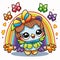 Kawaii cute colorful owl with bows, butterflies and flowers on a white background