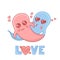 Kawaii cute couple ghosts, greeting card for Valentines day, vector illustration