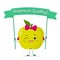 Kawaii cute green apple cartoon fruit character with a rose bow and earrings. Smiles and holds a premium quality poster