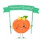 Kawaii cute peach cartoon fruit character with a rose bow and earrings. Smiles and holds a premium quality poster. Logo