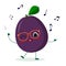 Kawaii cute plum purple fruit cartoon character in glasses dances to music. Logo, template, design. Vector illustration, a flat