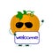 Kawaii cute pumpkin vegetable character in sunglasses keeps the signboard welcome. Logo, template, design. Vector