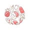 Kawaii cute round illustration with summer sweet food, ice-cream, fruits and funny characters jumping between desserts.