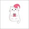 Kawaii cute thick white cat with pink gift box in Christmas red hat. Vector illustration of anime style.