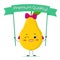 Kawaii cute yellow pear cartoon fruit character with a rose bow and earrings. Smiles and holds a premium quality poster